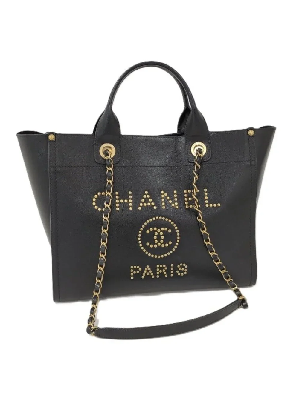 Chanel Deauville 2-Way Tote Studs Chain Shoulder Leather Black